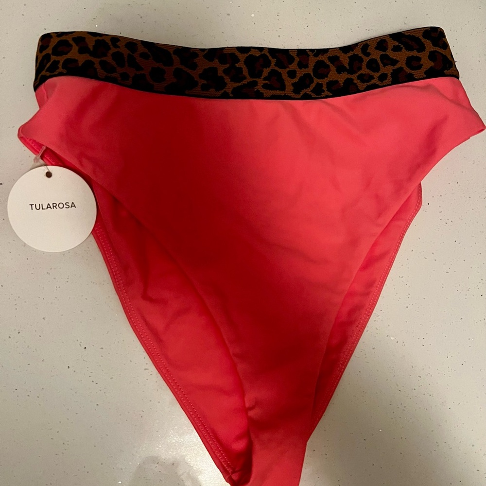 Tularosa Pink High-Waisted Bikini Bottom with Leopard Print